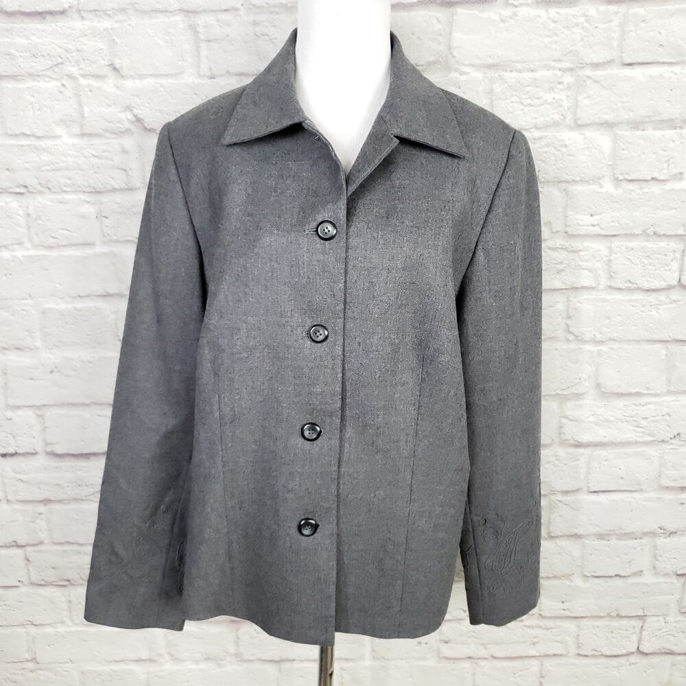 Pendleton Gray Wool Blazer Jacket Embroidered Soutache at Sleeve Ends Sz 14